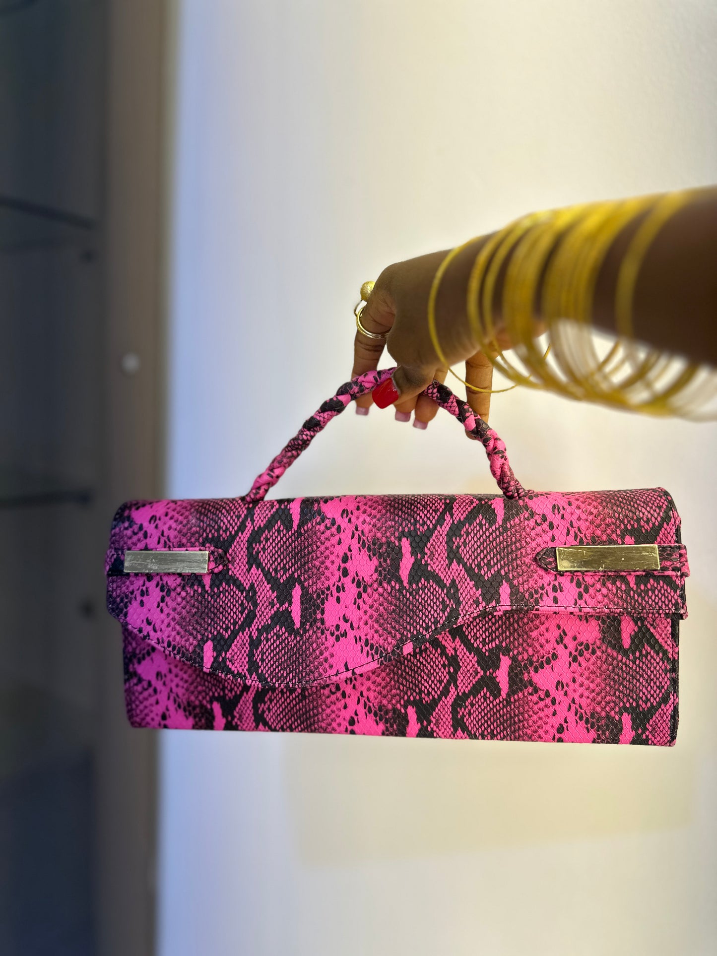 Pink Snake Skin Curved Flap Bag - Victoria