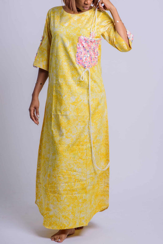 Yellow Kaftan With Sequins Pocket