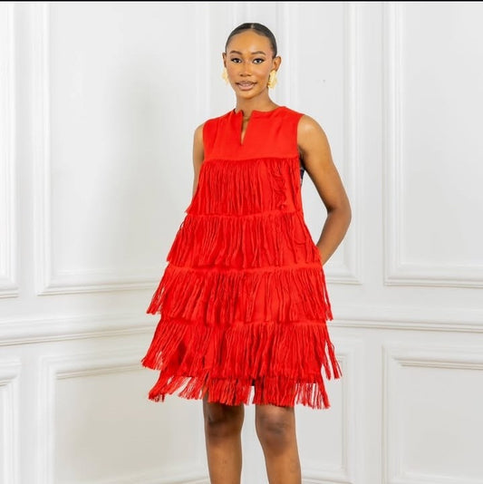Mix Fringe Denim Bubble Dress (Red) - Size 14