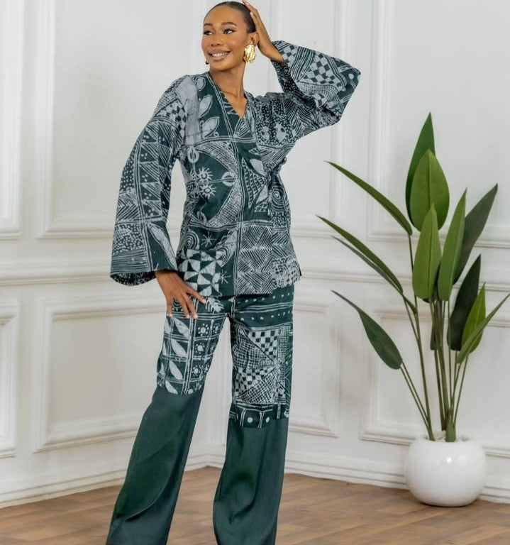 Tye and Dye Wrap Twopiece Pant Set (Green)