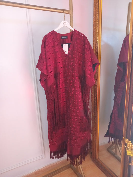 Shredded Patch Drawstring Kaftan (woven) (Pink Maroon) - One Size
