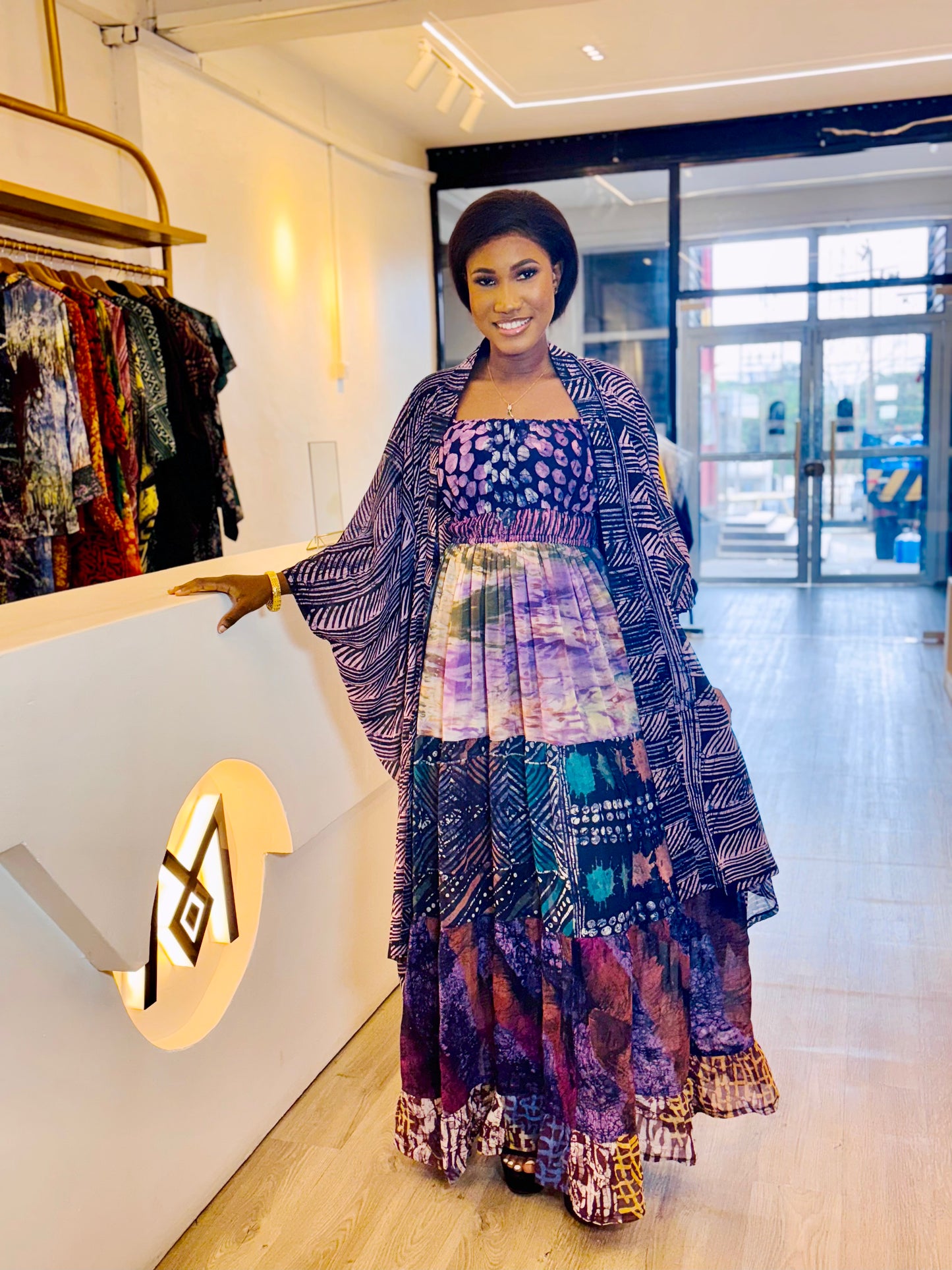 ADIRE DRESS WITH KIMONO (LILAC)