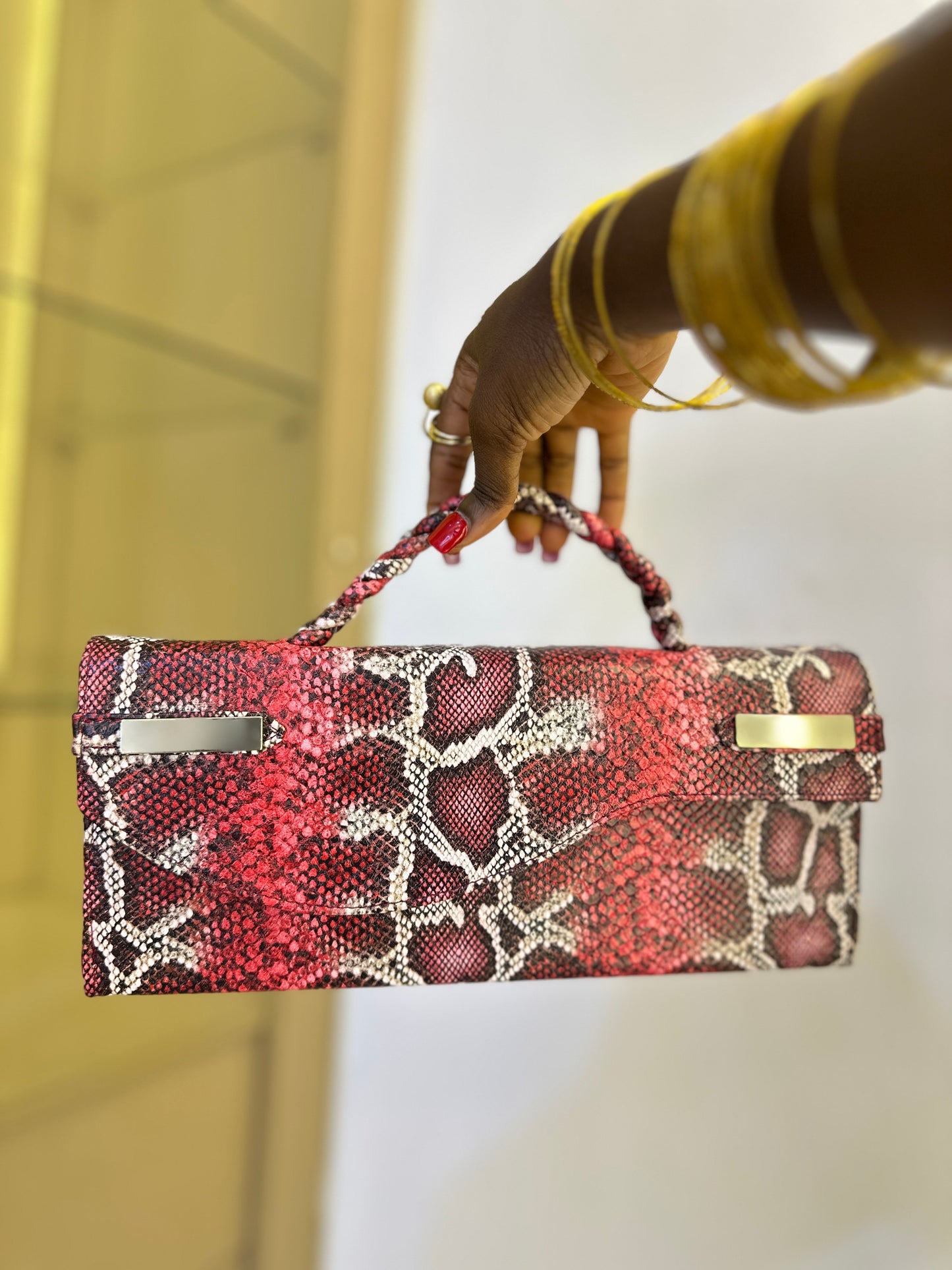 Red Snake Skin Curved Flap Bag - Ganiyat