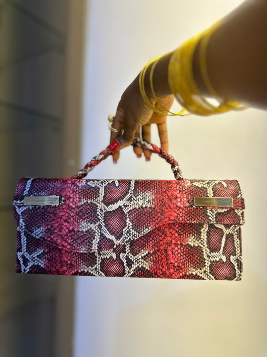 Red Snake Skin Curved Flap Bag - Ganiyat
