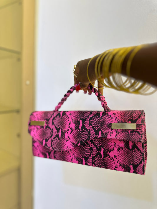 Pink Snake Skin Curved Flap Bag - Victoria