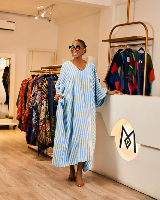 Busola Dress (Blue stripes)